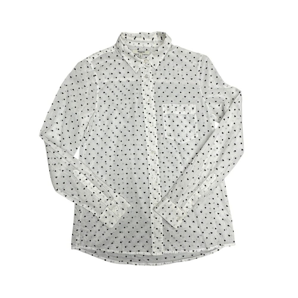 Madewell Shirt Womens XS White Heart Polka Dot Long Sleeve Button Up Cotton